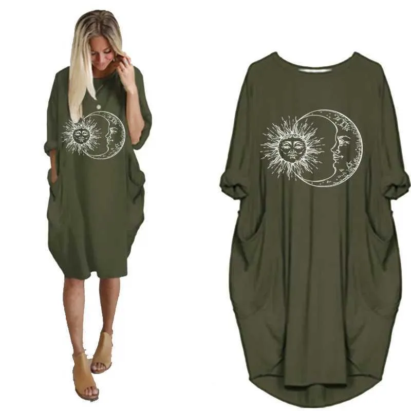 Grundläggande avslappnade klänningar kvinnor Autumn Spring Casual Loose Midi Dress Round Neck Long Sle Sun and Moon Print Basic Dresses With Pocket Plus Size Robec24315