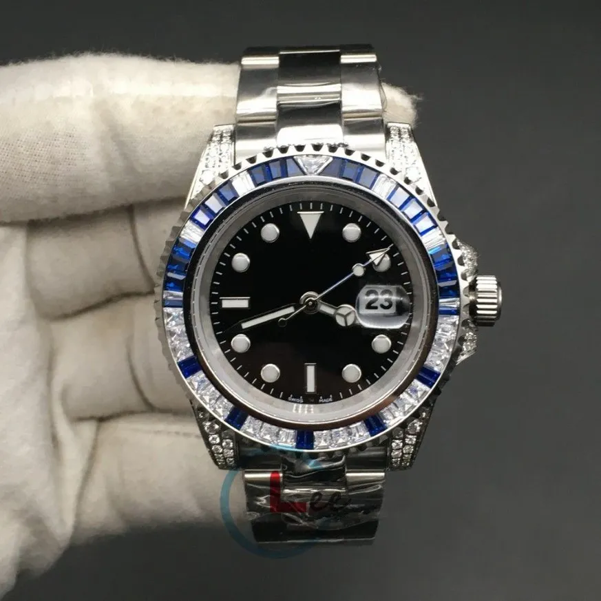 Subklockor av hög kvalitet män safir svarta blå diamanter Bezel rostfritt stål 40mm automatisk mekanisk armbandsur gåva249w