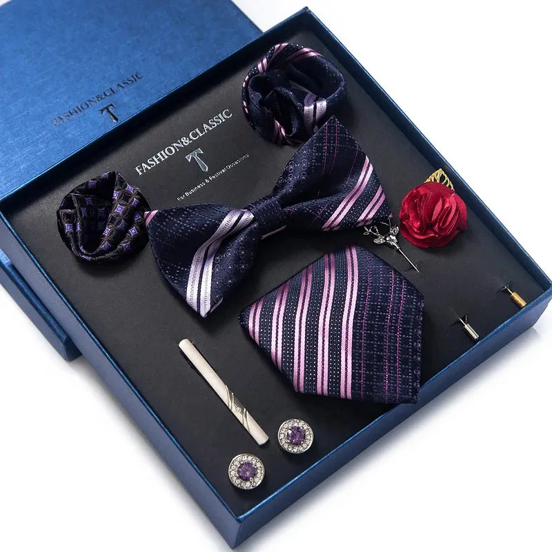 Holiday Present Tie Handkerchief Pocket Squares Cufflink Set Necktie Box Striped Dark Blue April Fools Day 240314