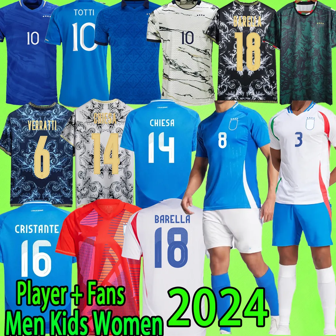 2024 Italien Soccer Jerseys Fan Player Version Men Kids Kit Totti Donnarumma Chiesa Barella de Rossi R.Baggio Scamacca Raspadori Italia Football Shirt T 22 23 24 Uniform