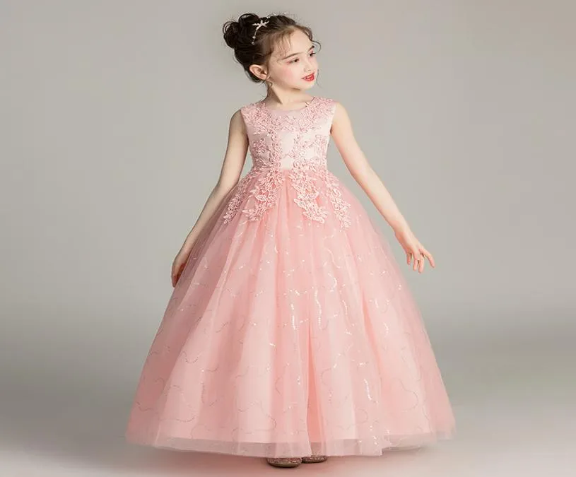 Einzelhandel: Baby-Mädchenkleid mit Blumenapplikation, langes Netz-Hochzeitskleid für Kinder, mit Blumen bestickt, Prinzessin-Abendröcke für Kinder, Boutique 9559732