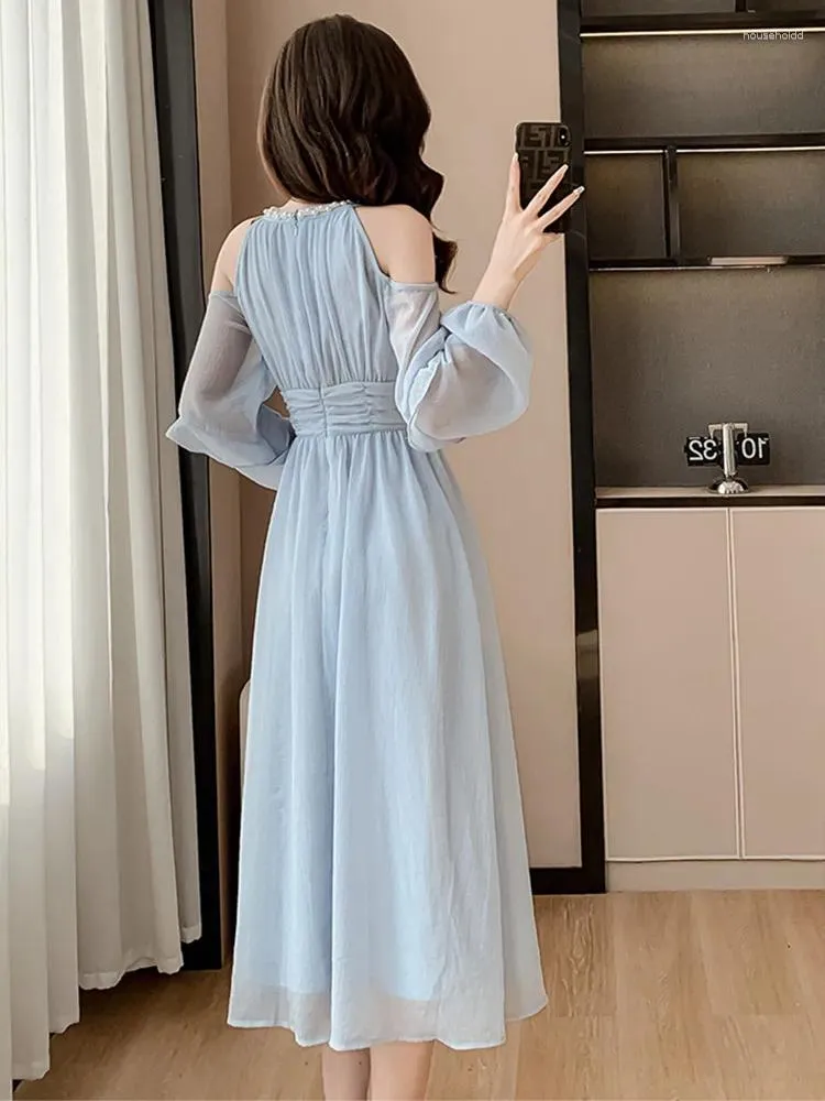 green emerald velvet dress Korean Style] Off-white Blue Flowy Chiffon Short Dress – Ordicle main image 1
