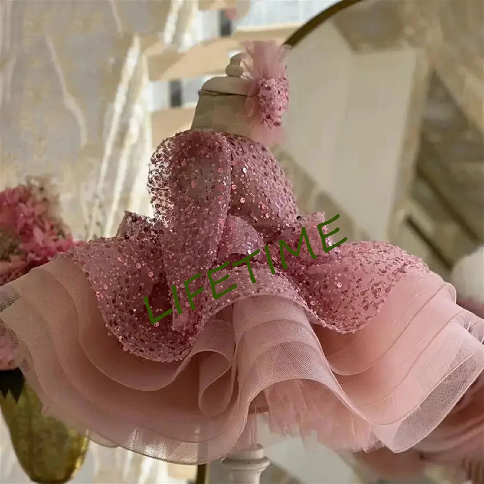 Luxe Glitter Bloemenmeisje Jurk Ruches Een Schouder Schattige Baby Tutu Party Gown Korte Afstuderen Kids Prom 240312