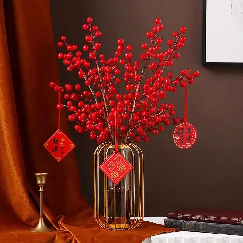 Decorative Flowers Chinese Metal Frame Glass Vase Red Fortune Fruit Year Gifts Home Livingroom Ornaments Crafts Cafe Office Furnishing Decor