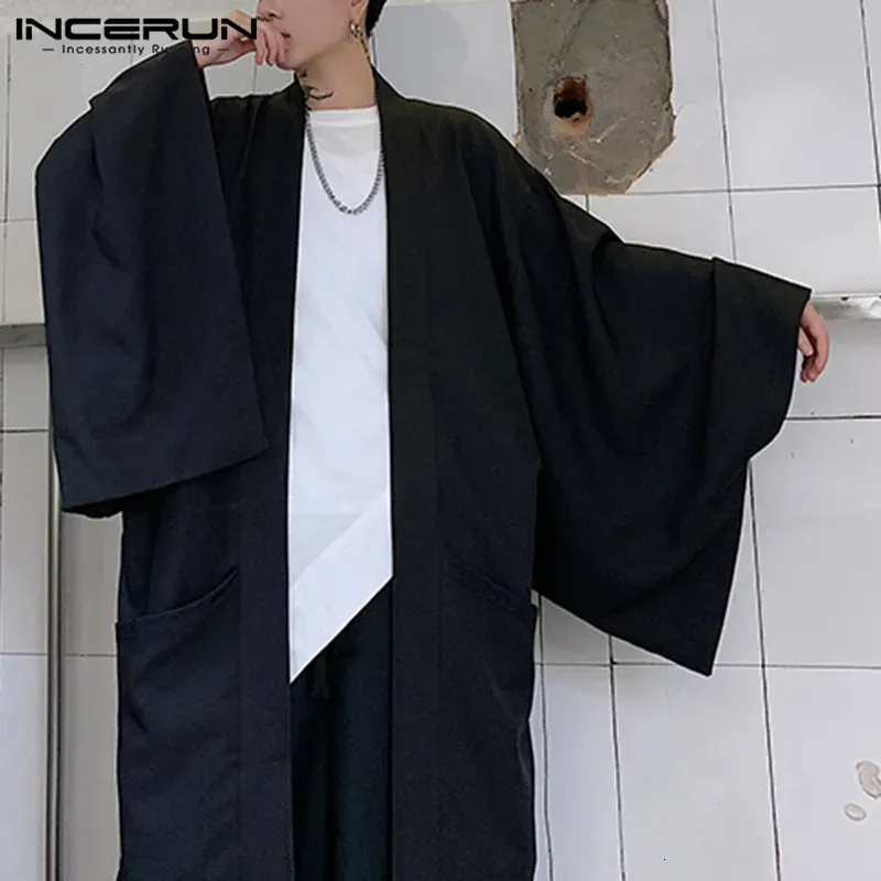 男性ブラックカーディガンシャツカジュアルオープンステッチアウトウェアマントレンチ長袖ロングコートファッション日本語スタイルのユカタトップ240313
