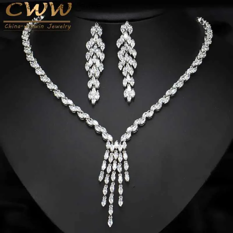 Bröllop smycken set cwwzircons ny ankomst underbar tofs drop cubic zirconia brud halsband och örhänge set för bröllop smycken T073 Q240316