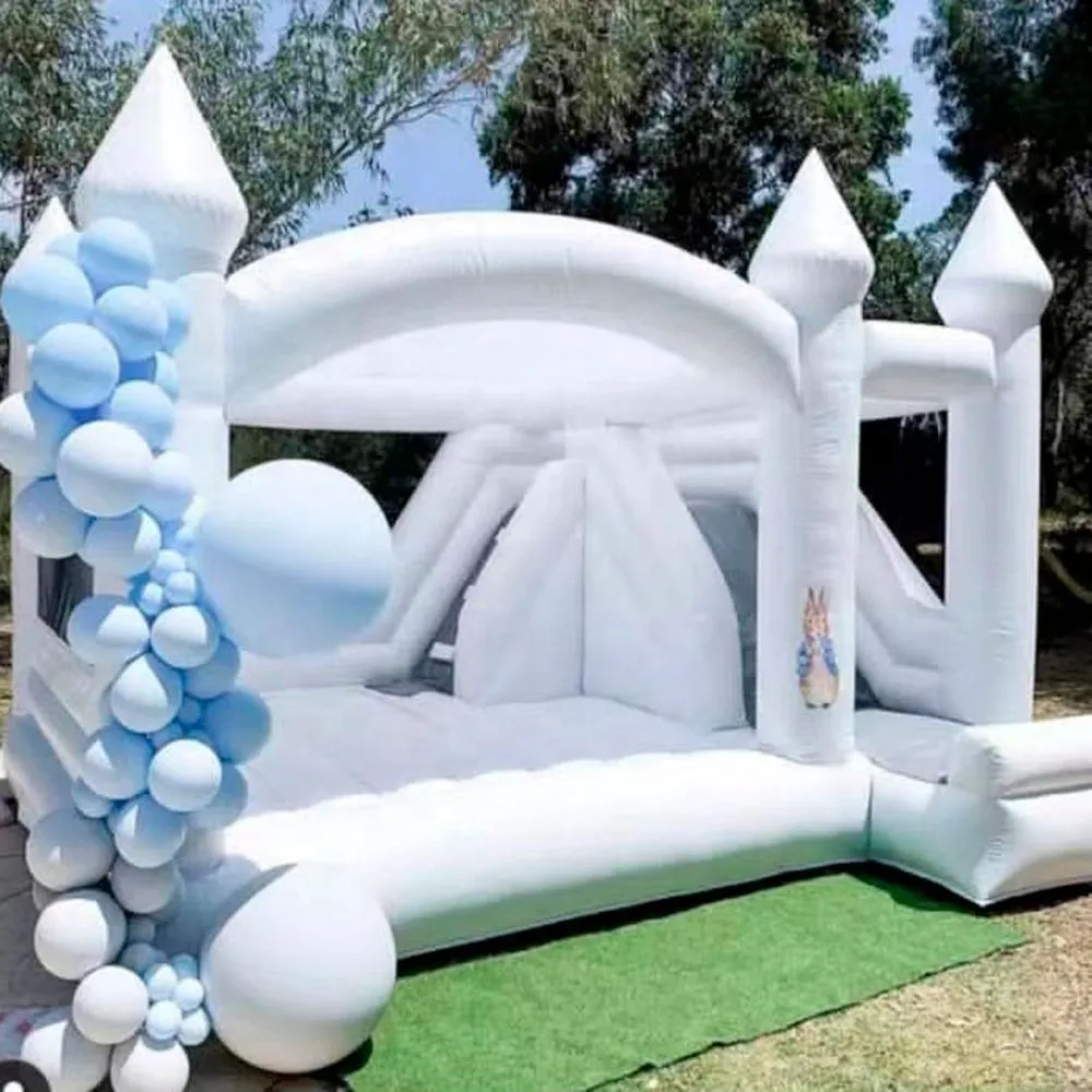 Casa branca comercial do salto do casamento com a parte superior da torreta inflável bouncy castelo slide combo saltando bouncer para crianças e adultos
