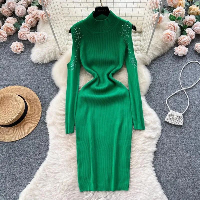 Casual Dresses Autumn Off Shoulder Diamond Sticked For Women 2024 Elastic Tight Long Womens Fashion Bodycon Dress