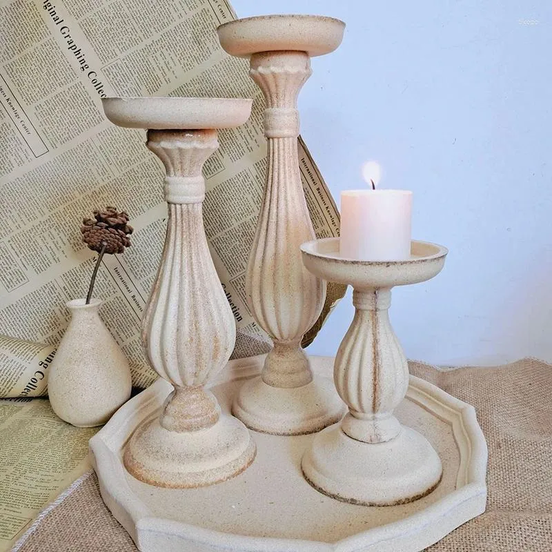 Candle Holders Home Decorations Retro European Style White Wooden Candlestick Rustic Wedding Party Holder Desktop Table Decor Ornaments