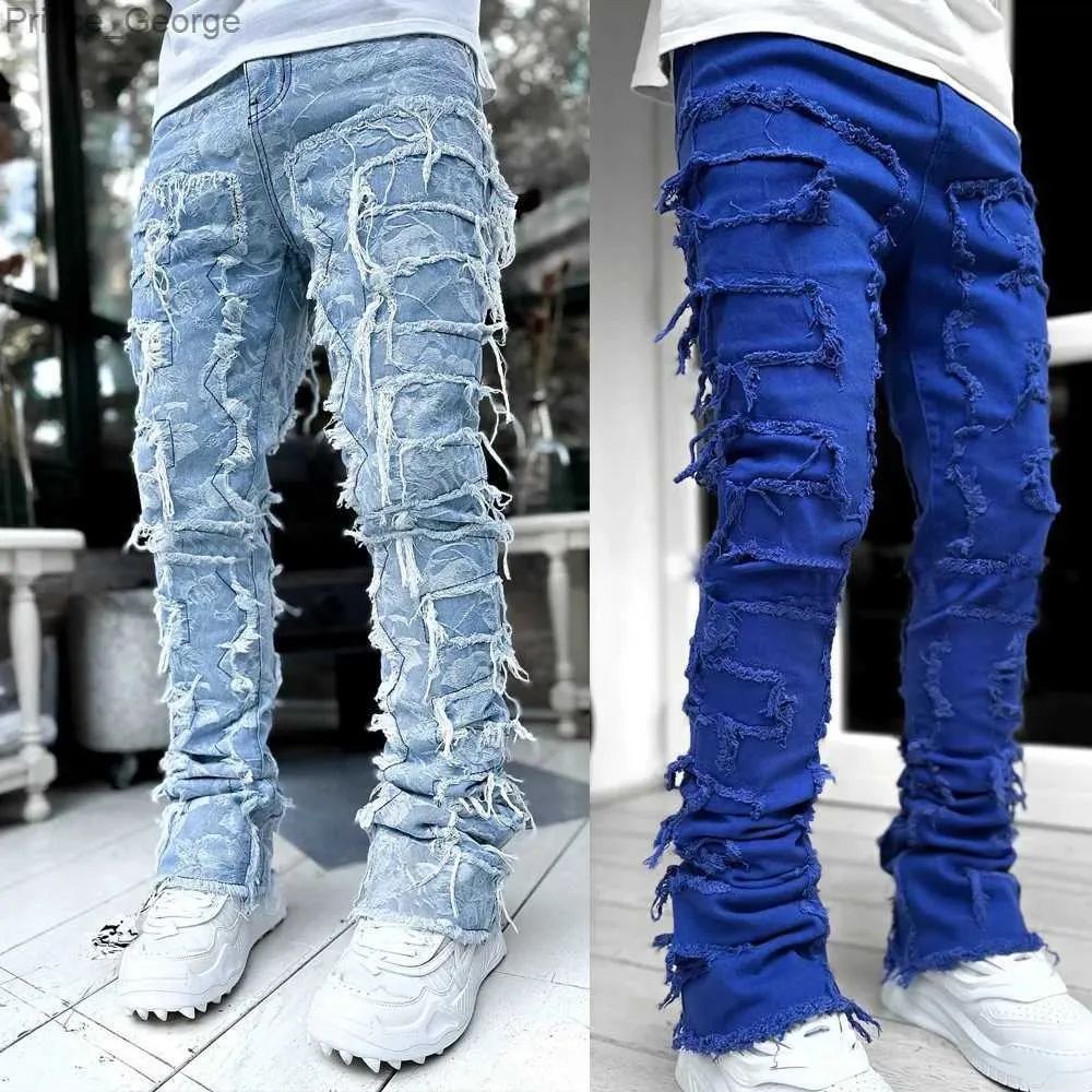 Męskie spodnie 2024 High Street Białe męskie dżinsy rozciągnięte patchworkowatą frędzle uszkodzone dżinsowe spodnie Modyn