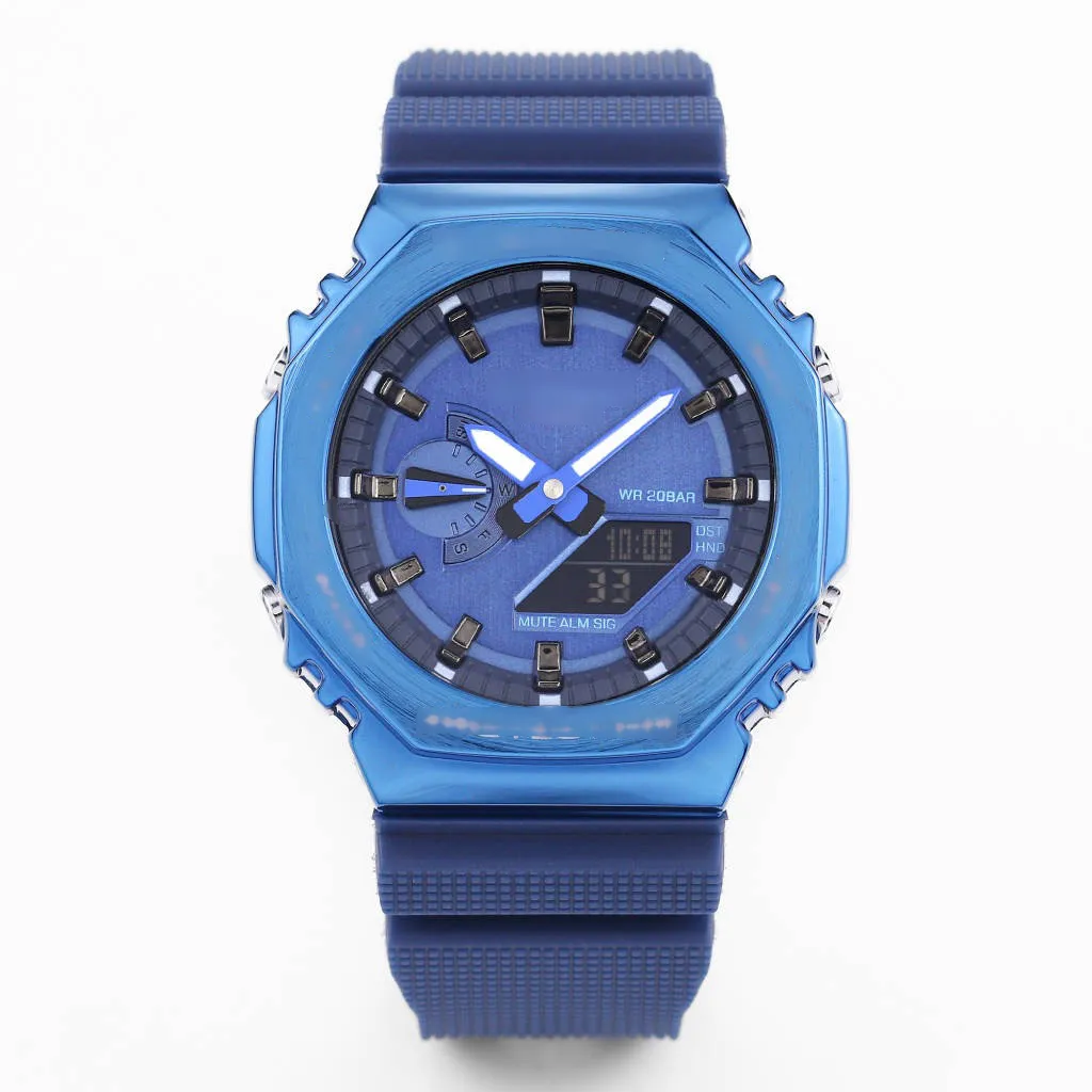 Herren-Damen-Armbanduhr, neue Designer-Elektronikuhr, wasserdicht, automatischer Kalender, blau, neues GM 2100 Anti-Schock-Anti-Magnet-Gummi-Armband, elektronisches Armband