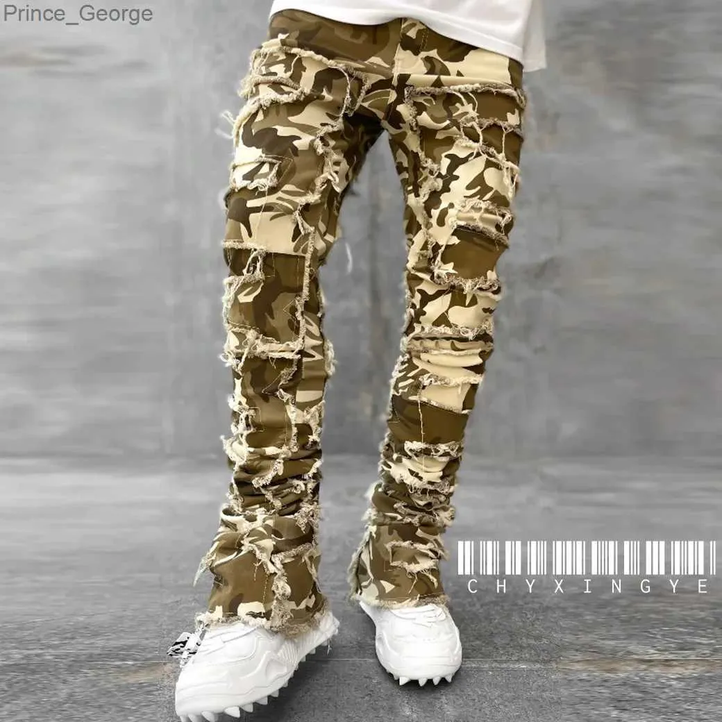 Men's Jeans New European Camo Pants Men High Street Slim Fit Stretch Patched Denim Ripped Males Stacked Jeans Mens camouflage jeansL2403