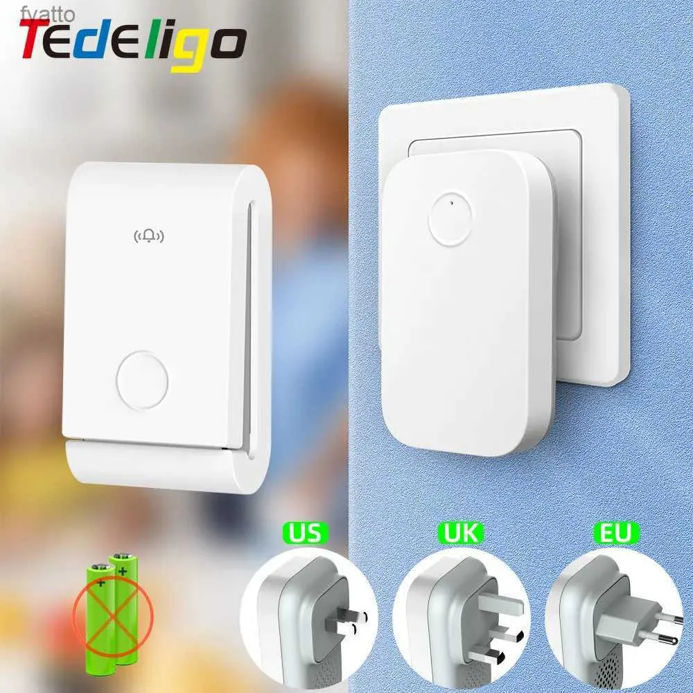 Campainhas Tedeligo Reino Unido EUA UE plug kit campainha transmissor sem fio auto alimentado sem anel de bateria Bell receptor externo 110V 220VH240316