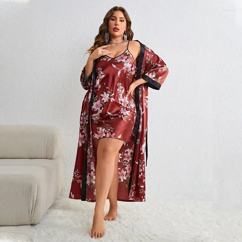 Kvinnors sömnkläder stor storlek 3xl 4xl 5xl kimono badrock klänning robe set tryck loungewear sexig hemkläder lady satin nattklänning nattkläder lös