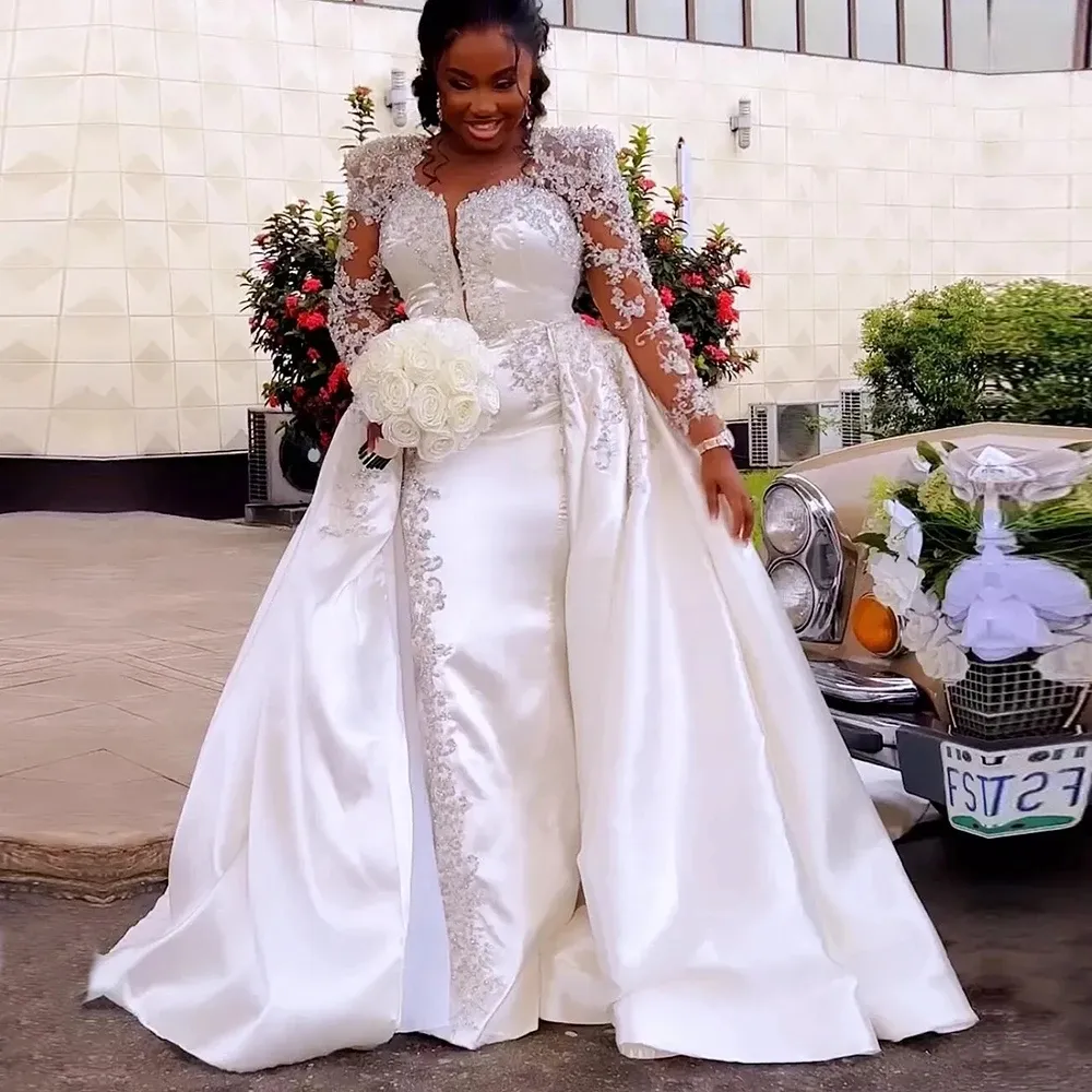 2024 Afrika Denizkızı Gelinlik Overkirt Kepçe Kolları Boncuklu Dantel Aplikler Satin Gelin Resmi Gowns Vestidos de Novias Robe de Mariage