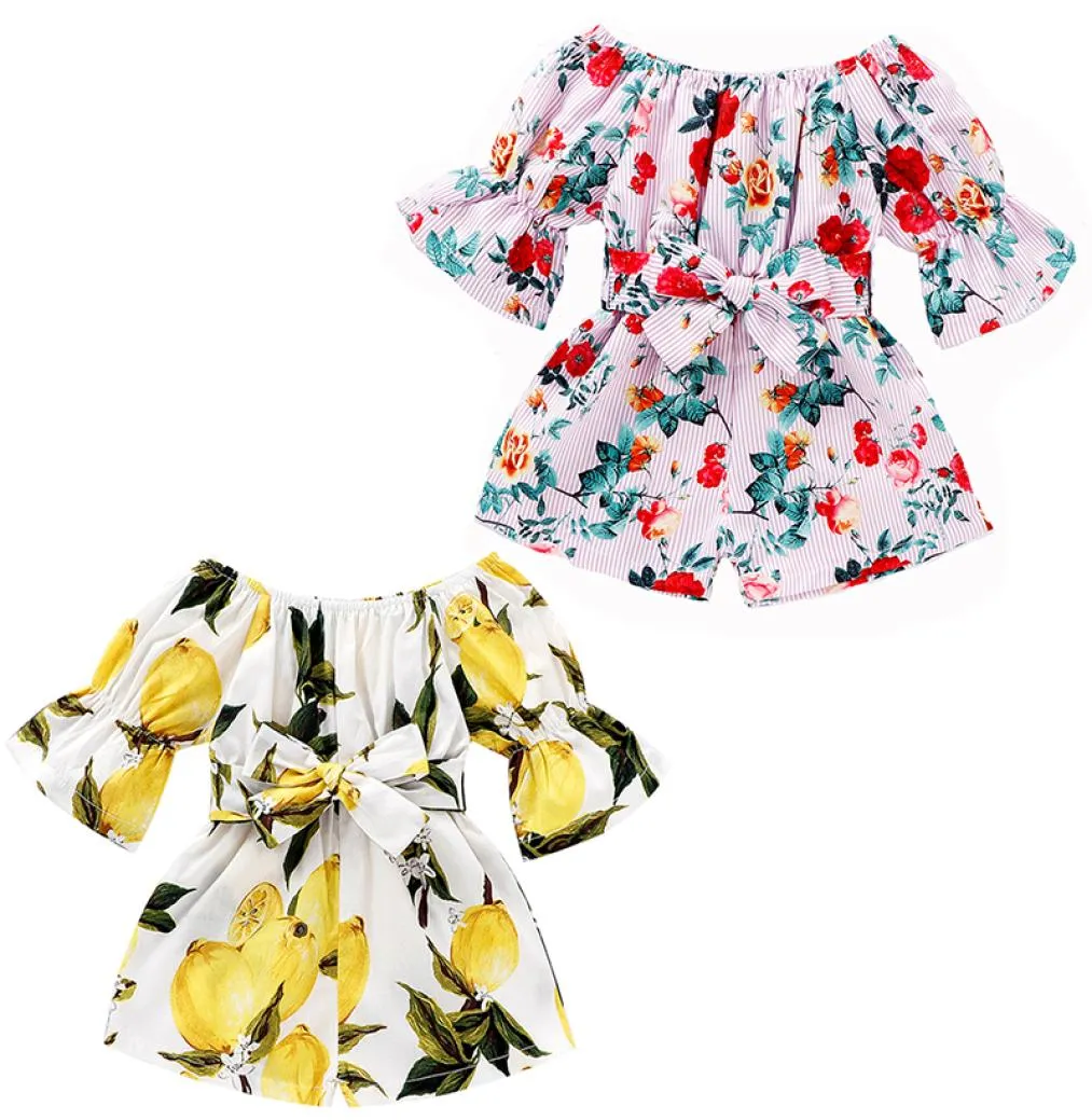kids clothes Girls lemon Flower stripe Rompers Newborn infant Bow Floral print Jumpsuits summer toddler baby Climbing clothes Z0798380452