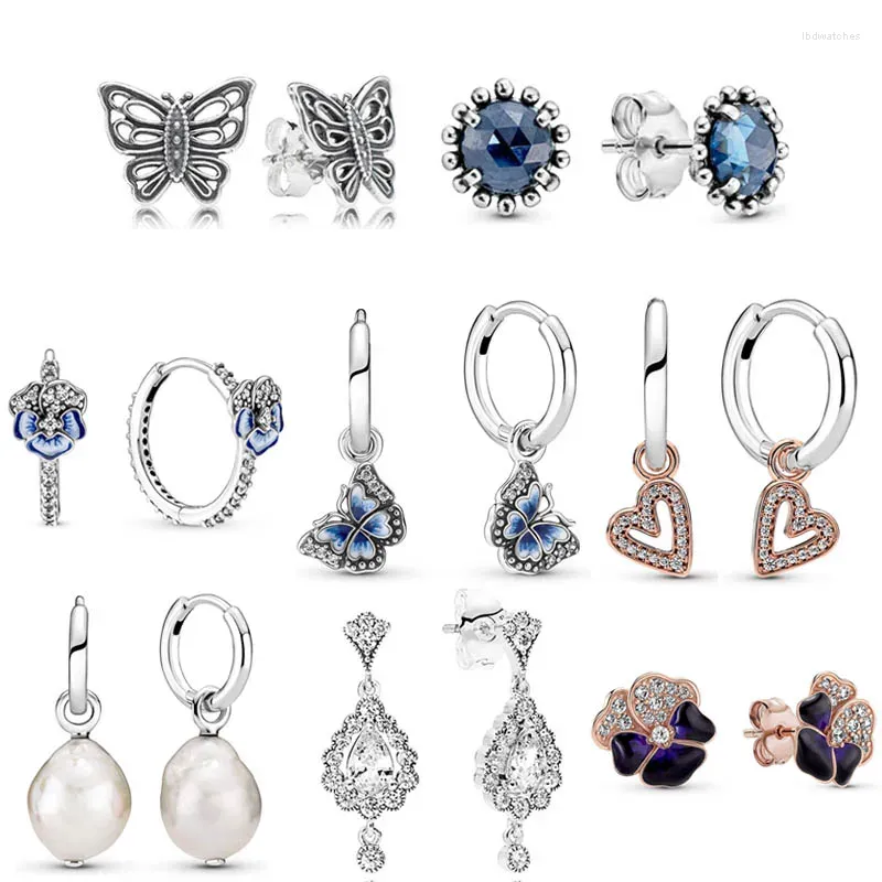 Ohrstecker aus 925er-Sterlingsilber, Liebe nimmt Flug, Schmetterling, blaue Stiefmütterchen-Blume, freihändiges Herz, Perlenohrring für Frauen, Geschenk, Schmuck