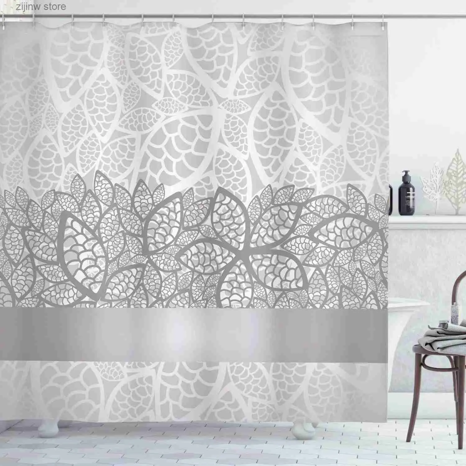 Shower Curtains Grey Floral Shower Curtains Lace Inspired Flower Modern Minimalist Ethnic Style Print Fabric Boho Bathroom Decor Sets with Hooks Y240316