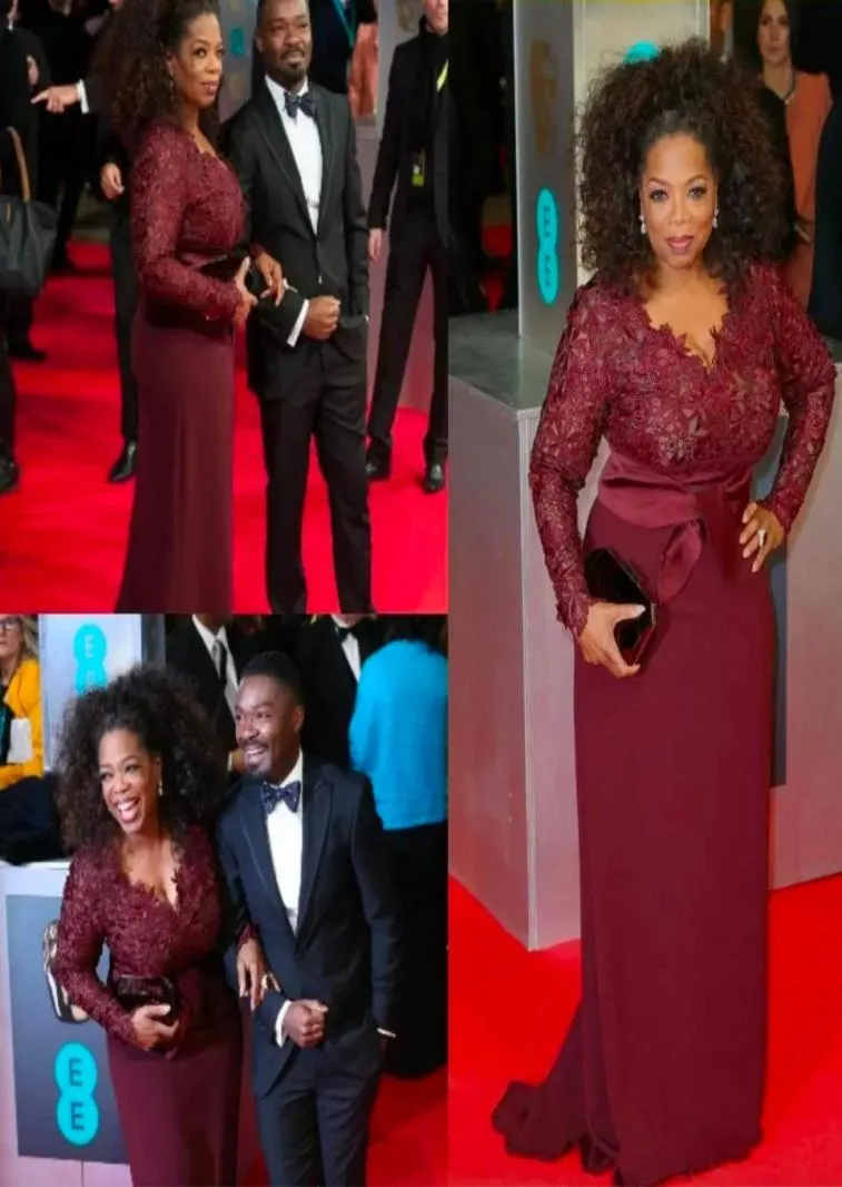 Mew Oprah Winfrey Burgundy Long Sleeves Sexy Mother of the Bride Dresses VNeck Sheer Lace Sheath Plus Size Celebrity Red Carpet G7791077