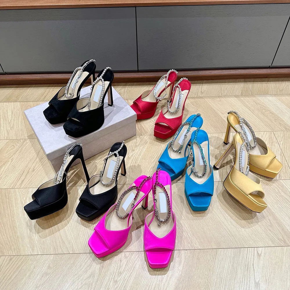 Gerçek ipek rhinestone ayak bileği kayış stiletto sandalet pompalar platform peep-toe elbise ayakkabıları kadın lüks tasarımcı yüksek topuklu 35-42 kutu