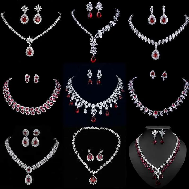 Conjuntos de joias de casamento SUGO Classic Fashion Luxury Retro Red Cubic Zirconia Brinco Conjunto de colar usado para acessórios de joias de casamento de noiva charmosos Q240316