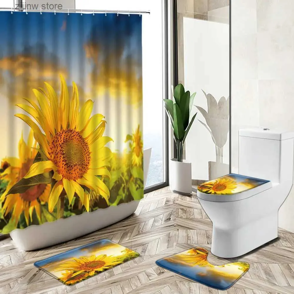 シャワーカーテン黄色のヒマワリの花シャワーカーテン夏の植物葉の田舎の景色ノンスリップ台座の敷物トイレカバーバスルーム装飾セットY240316