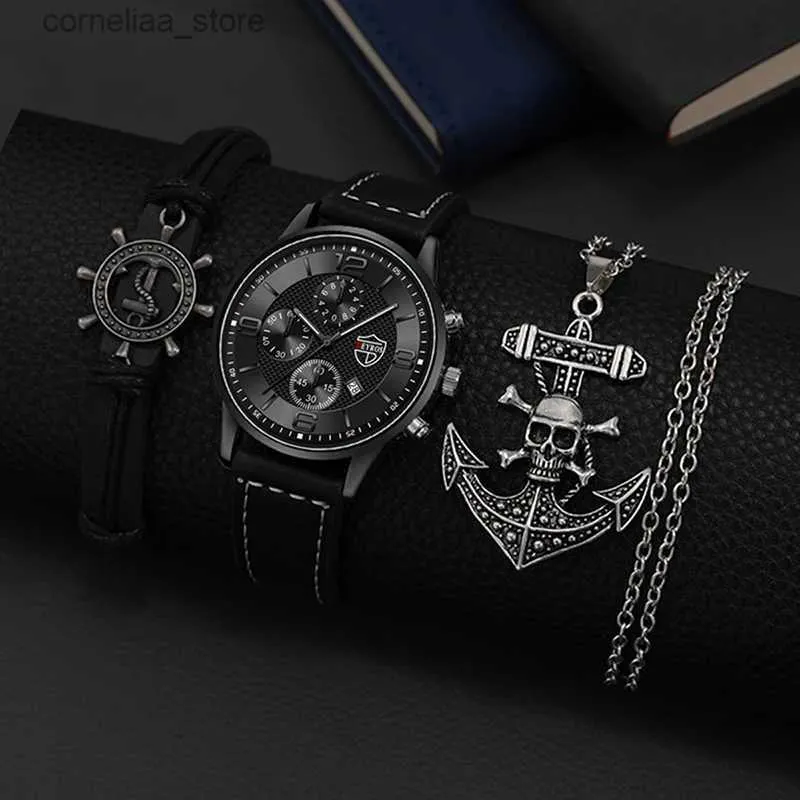 Other Watches Mens Fashion Quartz Men Leather es Brand Luxury Male Clock Sport Mens Wrist Bracelet Necklace Relogio Masculino Y240316