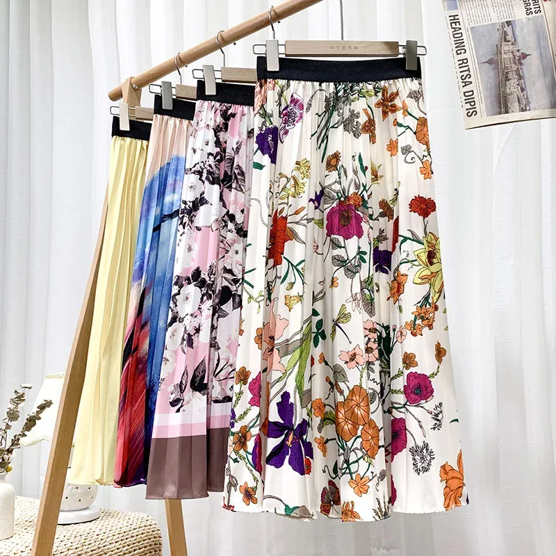 Vestidos de verão estampados saias longas plissadas florais pontilhadas arco-íris gradiente Aline bezerro saias longas de primavera