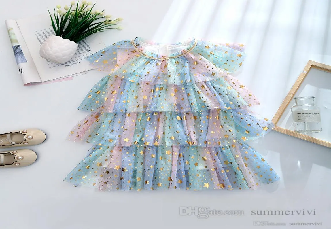 Summer Girls stars sequins lace tulle dresses kids tiered colorful color gauze cake dress summer children birthday party clothes Q2457833