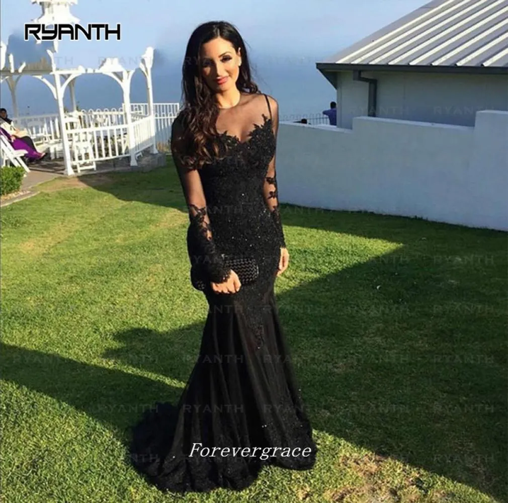 Attractive Black Long Sleeves Prom Dress Mermaid Sheer Neck Women Wear Special Occasion Formal Party Graduation Dress Plus Size5002807
