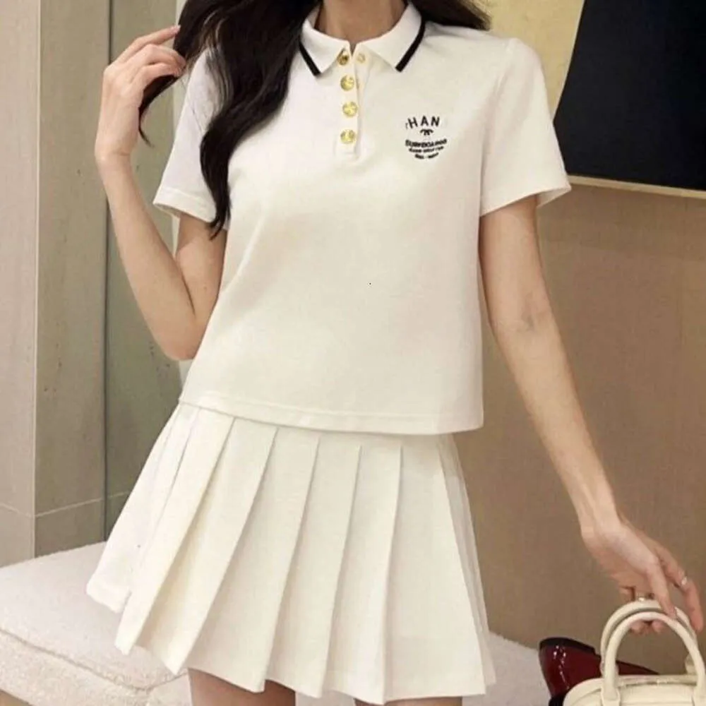 designer skirt set women sets summer fashion college style lapel short sleeve tops letter embroidery pleated Skirt two pieces