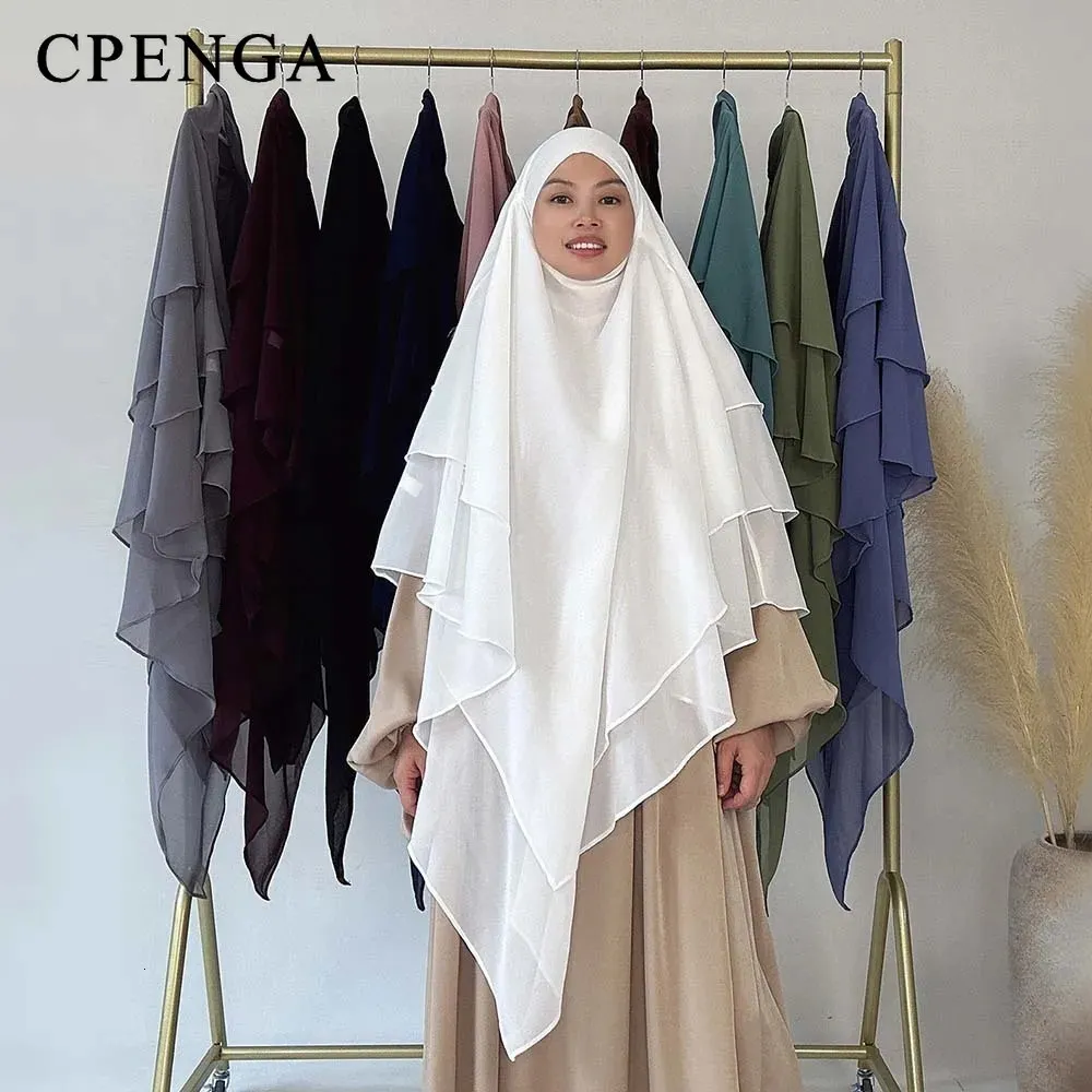 Hijab liso Mujeres musulmanas Modesto Khimar Verano Gasa Sólido Turbante de 3 capas Femme Dubai Turquía Hijabs Eid Islam Ropa 240301