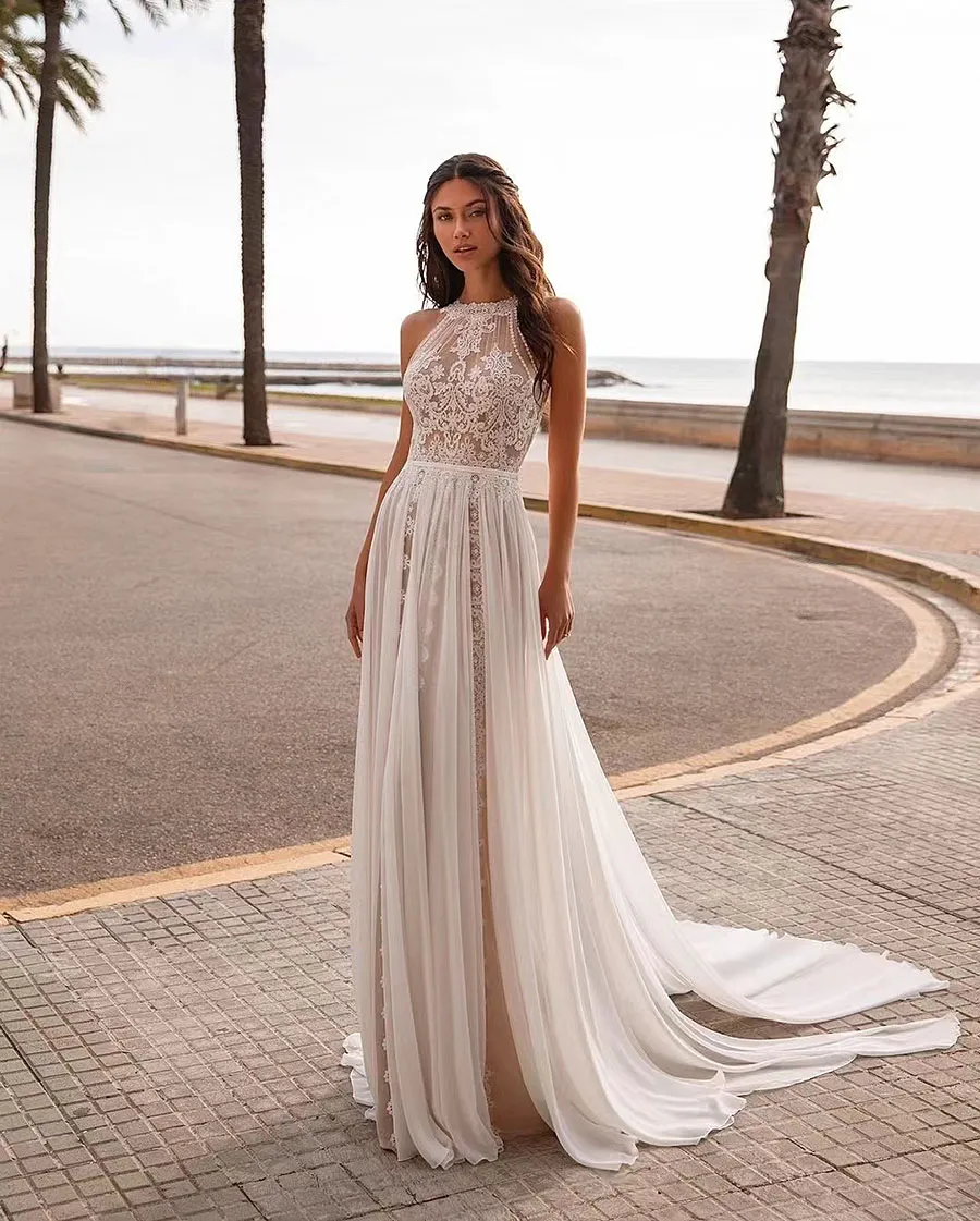 Abito da sposa da spiaggia 2024 A-Line senza maniche Halter in chiffon ricamo applicazioni di pizzo abiti da sposa De Noiva