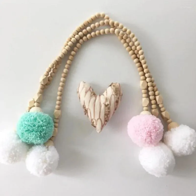 Decorative Figurines 1pcs Wood Bead String With Pompom Gifts Toys For Kids Nordic Style Baby Tent Hanging Pendant Ornaments Home Party