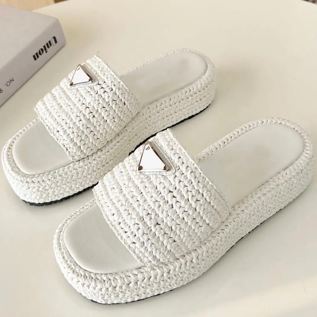 Designer Sandals Gold Buckle Slip on Black Brown Pool Slippers Crochet Slides Women's Casual Sandals Platform Wedges Straw Flatform Slipper 56222