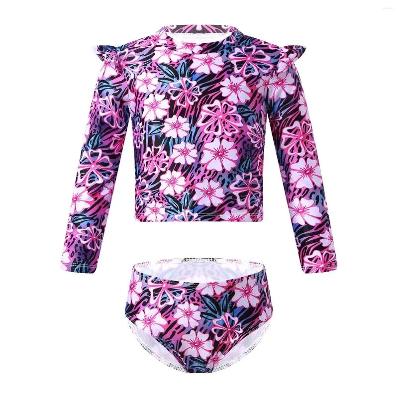 Women's Swimwear Kids Girls Floral Print Long Sleeves Swimsuits Racerback Tank Vest With Bikini Triangle Briefs Beachwear Outfits Sets