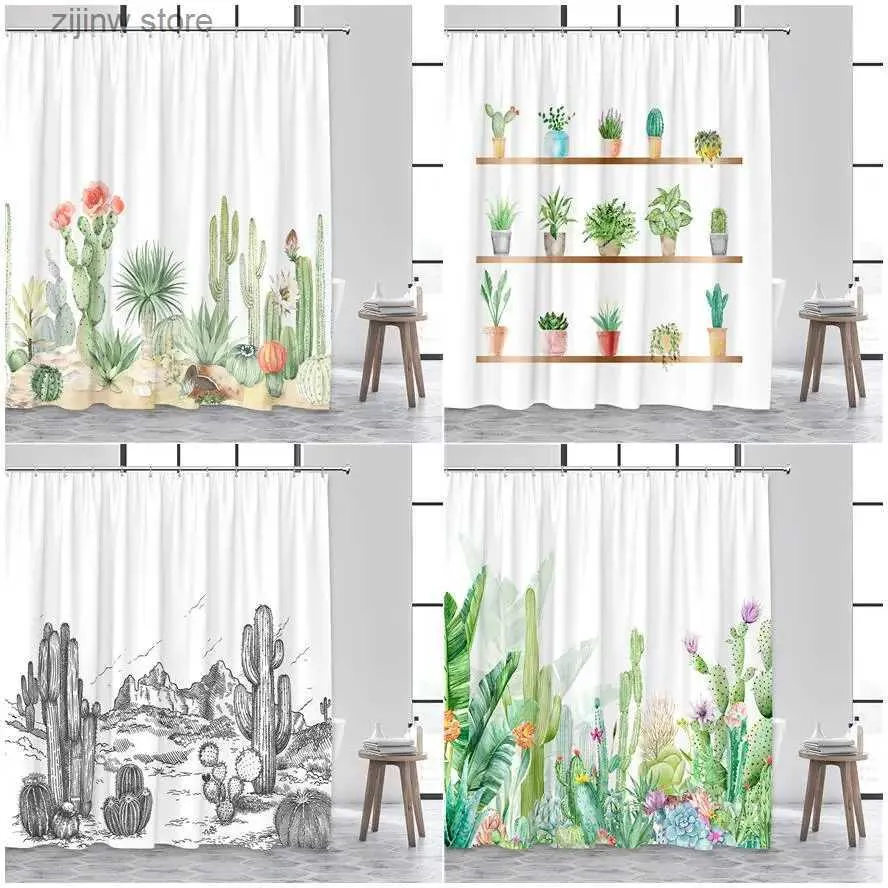 Shower Curtains Tropical Green Flowers Plants Cactus Shower Curtain Spring Modern Potted Succulents Palm Leaves Fabric Bathroom Curtains Decor Y240316