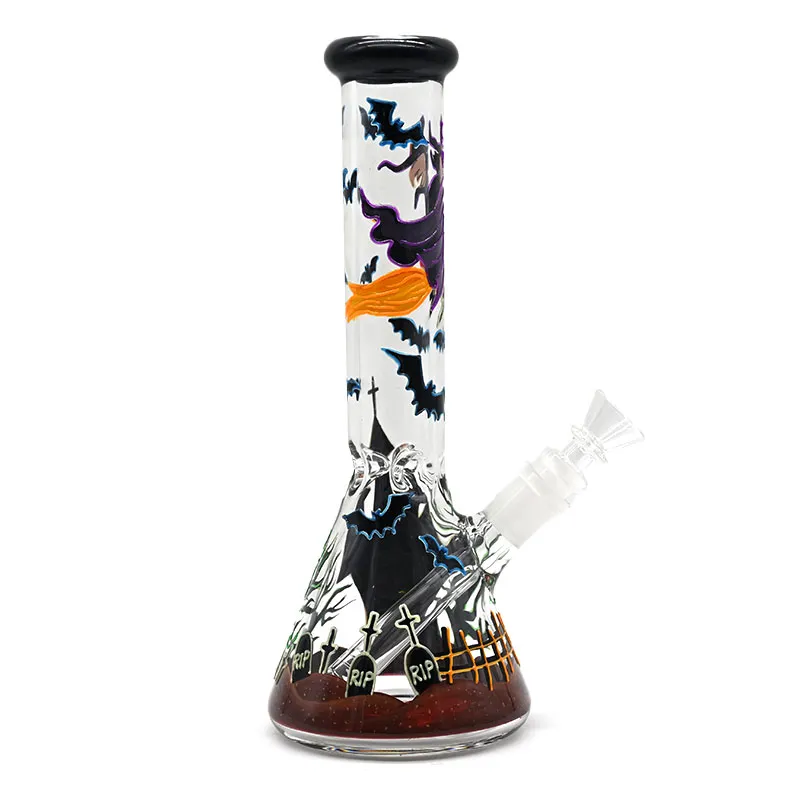 25cm/10in,Glass Bongs With Cute Magician & Bat,Borosilicate Glass Water Pipe With Glow In Dark,Glass Hookah,Hand Painted,Home Decorations,Smoking Accessaries