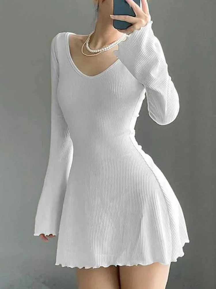 Basic Casual Dresses Knitted y2k Dress for Women 2024 Solid U Neck Backless Sexy Long Flared Sles Basic Slim Mini A-Line DressC24315