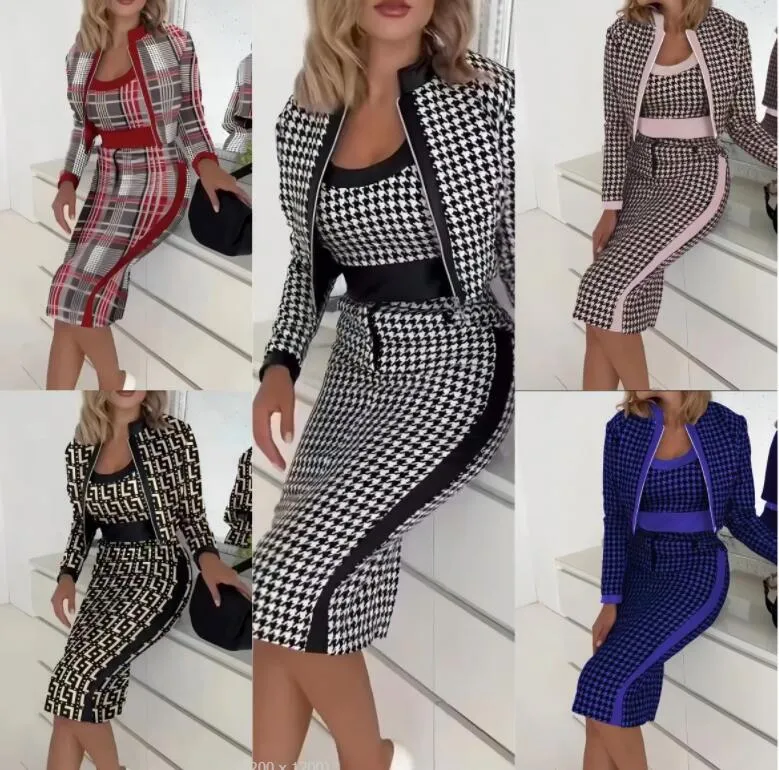 Kadınların eşofmanları moda baskılı uzun kollu tasarımcı ceket yelek ve etek üç parçalı set kadın giyim