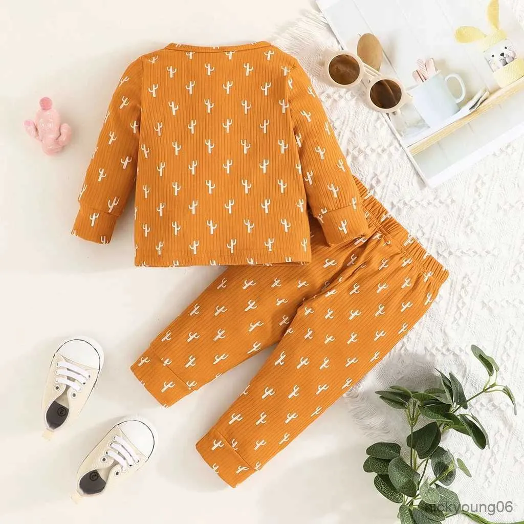 Conjuntos de ropa Conjunto de ropa infantil para niños recién nacidos unisex niño niña 3-24 meses moda cactus camiseta de manga larga y pantalón traje para bebé