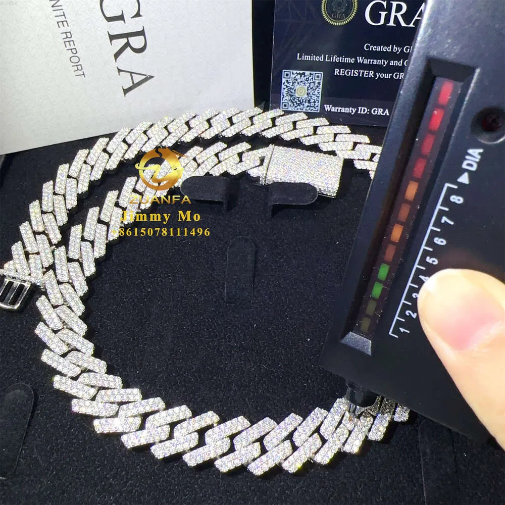 Heißer Verkauf Bulk Stock Pass Diamond Tester 925 Massivsilber 15mm zwei Reihen Iced Out Hip Hop Vvs1 Moissanit Cuban Link Chain