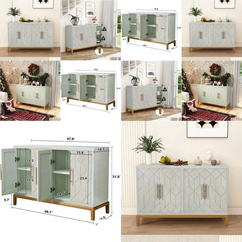 Eetkamermeubels 48 Accentkast met 4 deuren en planken Modern Credenza-opslag Gouden rand Groen Buffet voor woonkamer Keuken Dro Otd5R