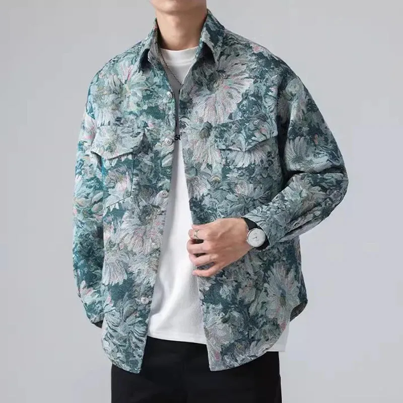 Automne Fleur Imprimé Chamarras Para Hombre Streetwear Tendance Hip Hop Mâle Chemises Cargo Boutons De Mode Hommes Vestes Occasionnelles 240314