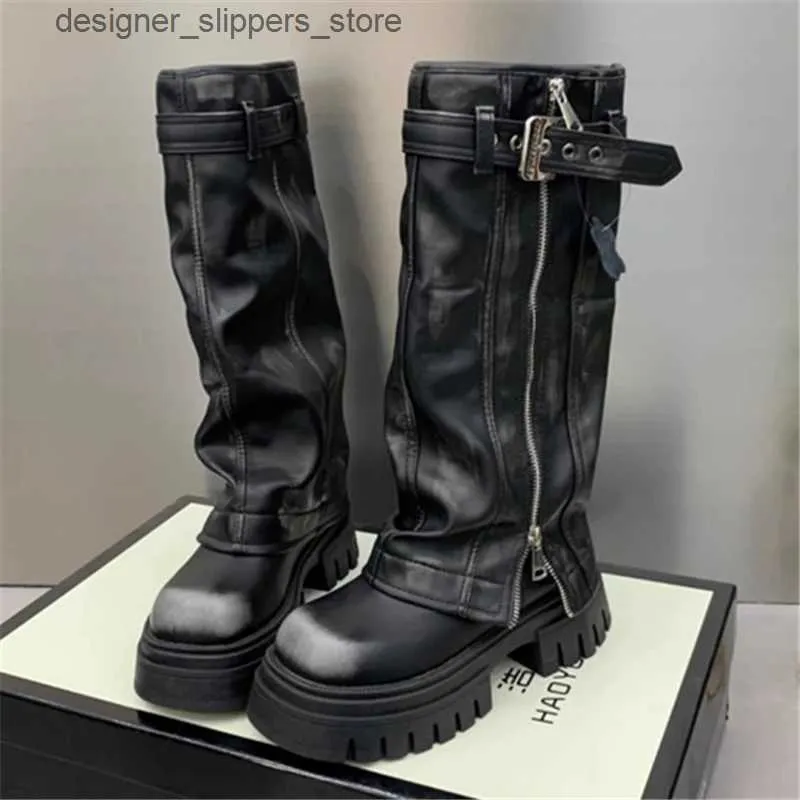 Kleid Schuhe Metall Dekorationen Gürtelschnalle Karree Kniehohe Frauen Stiefel Reißverschluss Dicke Unterseite High Heels Neue Beliebte Ins Punk Weibliche Schuhe Q240316