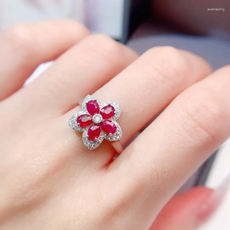 Ruby♡shop DHgate.com:925 Sterling Silver Red Ruby Flower Ring, 0.35ct