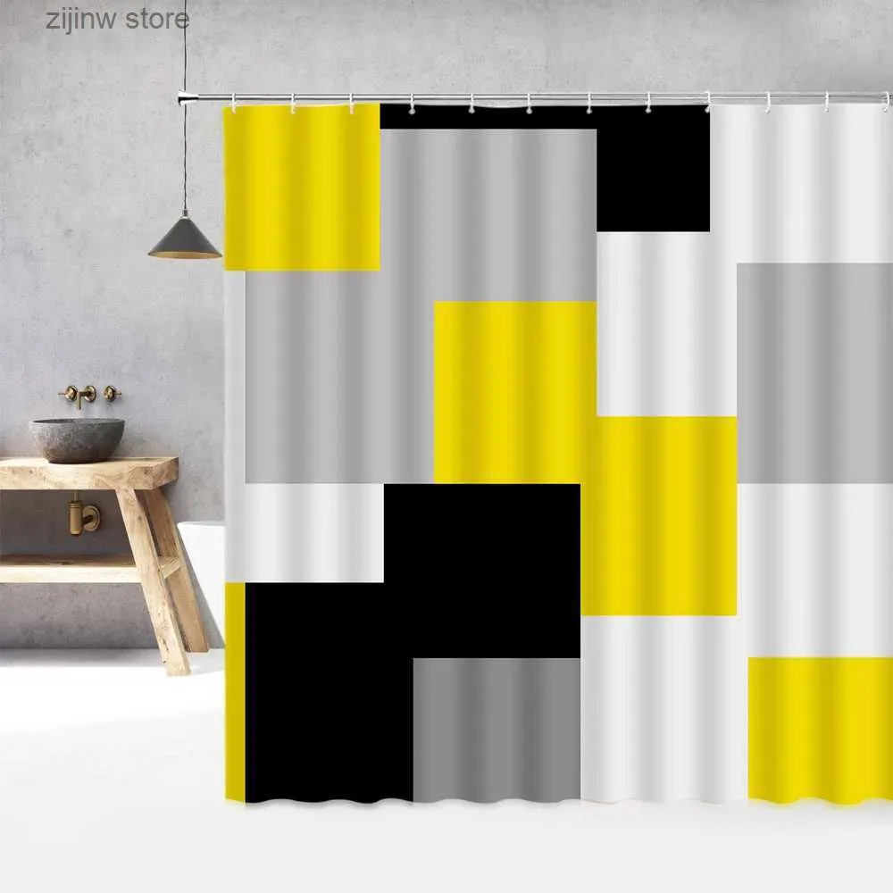 Shower Curtains Geometric Shower Curtains Yellow Grey Black Plaid Pattern Splicing Creative Bath Curtain Modern Fabric Bathroom Decor With Hooks Y240316