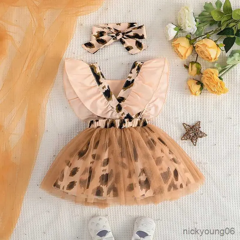 Set di abbigliamento Set Abito per bambini Neonato 6 - 36 mesi Stile Manica a farfalla Tulle Stampa leopardata Abiti da cerimonia principessa Ootd per bambina