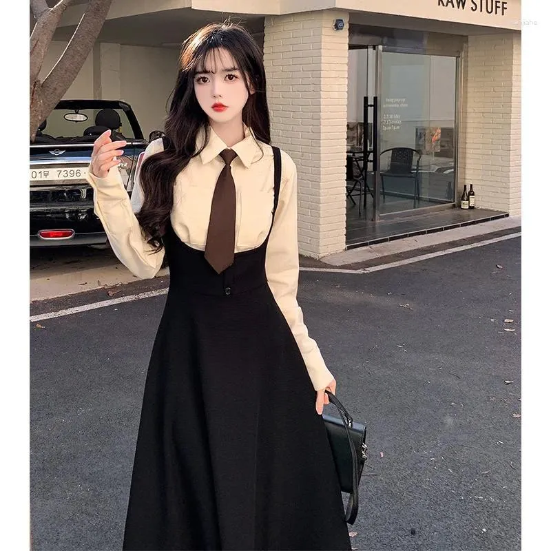 ワークドレスGidyq Korea Chic Strap Dress Long Sleeve Blouse Women Twe Piece JK Retro Casuary Tie Shist JapanSkirt Sets Autumn