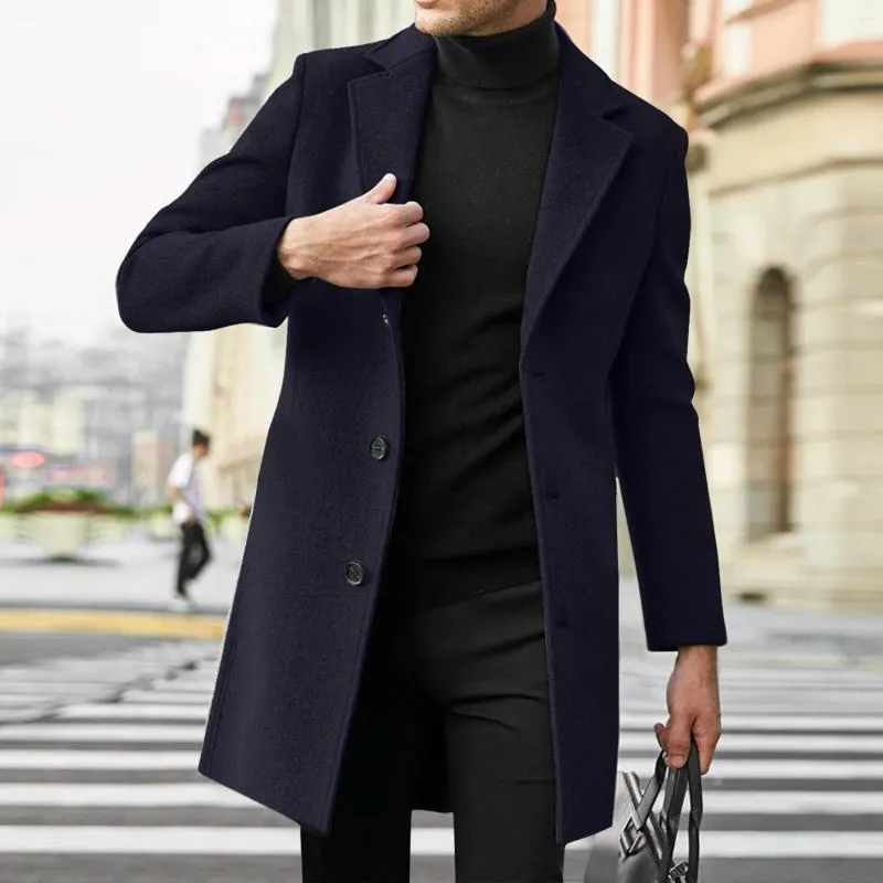 Trenchs pour hommes Manteaux pour hommes Manteau de style coréen Tempérament Veste longue à poitrine unique Couleur unie Col rabattu Cardigan d'affaires Pardessus